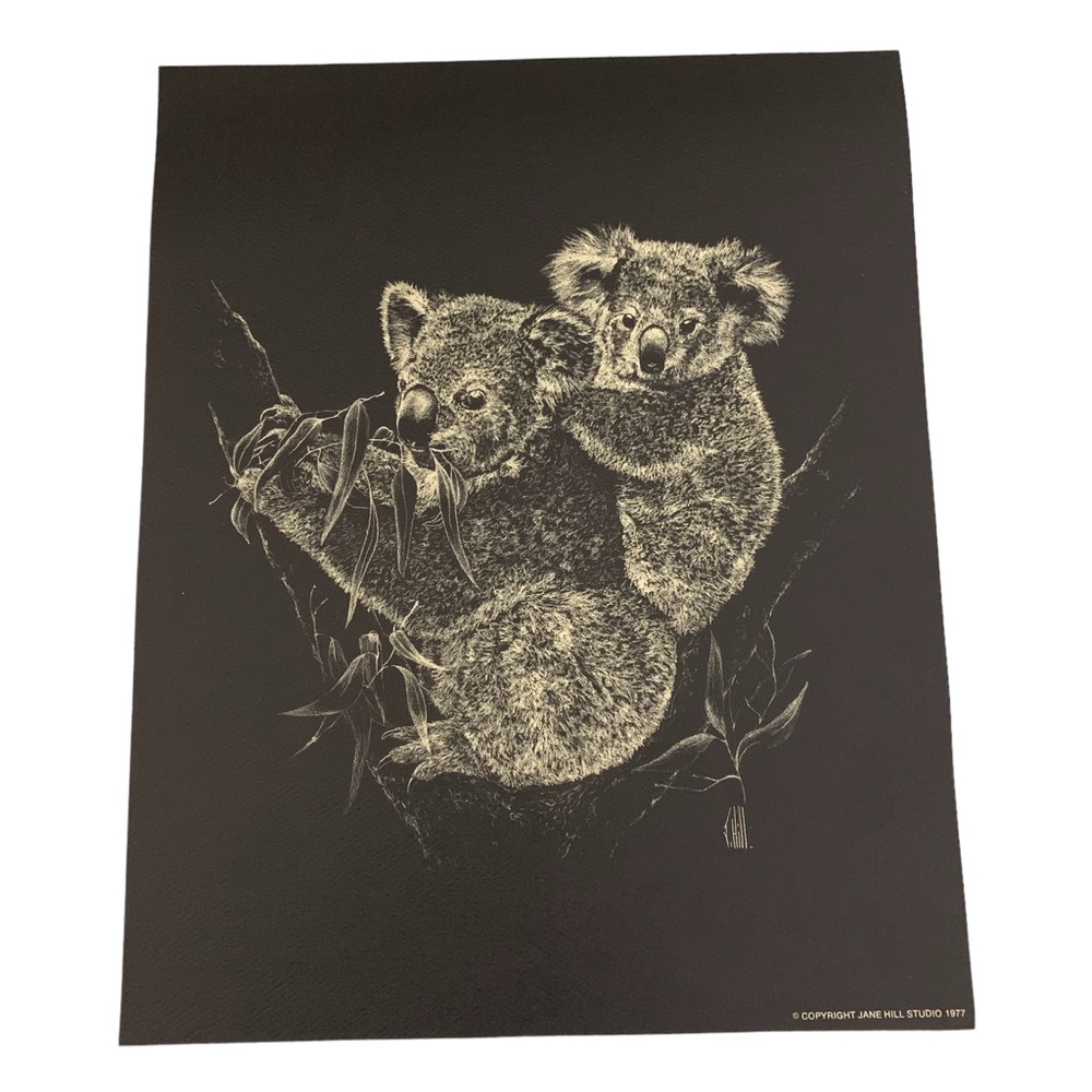 Signed Print By Jane Hill Mother & Baby Koala Bears Black & White Copyright 1977